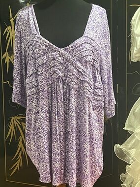 Jessica London Lavender Patterned Ruched V-Neck Tunic RE